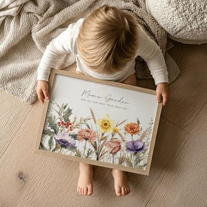 May include: A framed print with the text "Mom's Garden" and floral illustrations in shades of purple, pink, yellow, and orange. The print is held by a person on a light wood floor, with a neutral-toned blanket and pillow in the background.