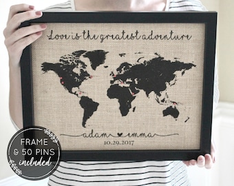 Personalized Travel Gifts, World Push Pin Map, Travel Map with Frame, Map Print, Travel Gift, Wedding Gifts, Anniversary Gifts Wife Gift