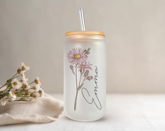 Birth Flower Glass Cup, Custom Name Glass Tumbler, Floral Iced Coffee Cup, Personalized Gifts for Bride, Bridesmaid Proposal, Birthday Gift