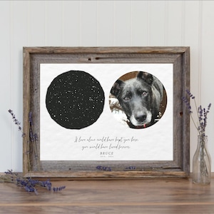 May include: A framed print featuring a black circular star map next to a circular photograph of a black dog. Below the circles, the text reads: If love alone could have kept you here, you would have lived forever. BRUCE 2018-2023. The frame is rustic wood.