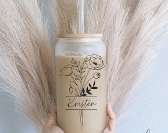 Custom Name Cup With Birth Flower, Birth Month Iced Coffee Cup, Bridesmaid Gifts Idea, Birthday Gift, Valentine's Day Gifts