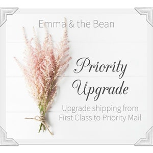 May include: White background with the text "Emma & the Bean" and "Priority Upgrade". A bouquet of pink flowers is tied with twine. The text "Upgrade shipping from First Class to Priority Mail" is also present.