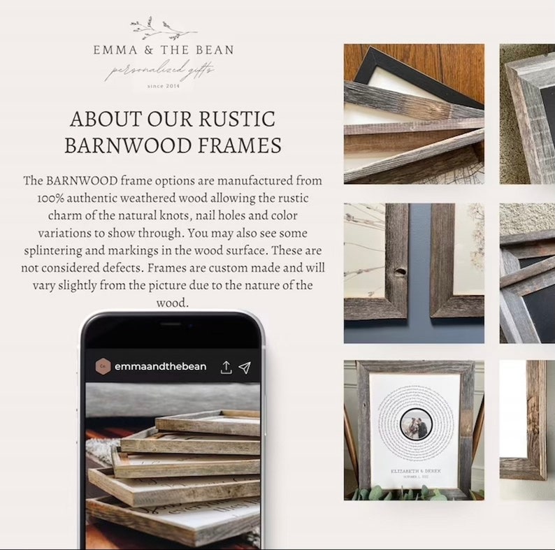 May include: Rustic barnwood frames in various sizes and styles. The frames are made from weathered wood with natural knots and nail holes. The frames are custom made and will vary slightly from the picture due to the nature of the wood.