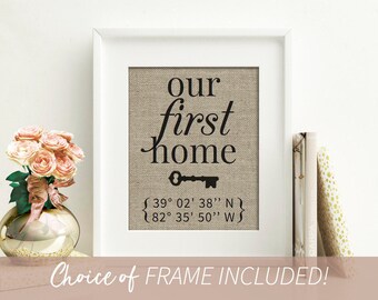 Framed Latitude Longitude Sign, Our First Home Sign with Key, Personalized House Warming Gift, New Home Gift, New Home Housewarming Gift