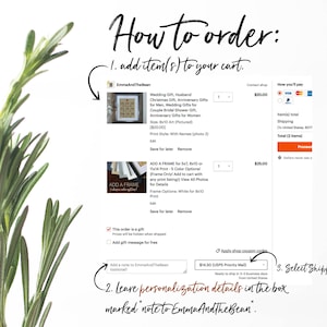May include: A screenshot of an Etsy shop showing how to order a personalized print. The print is a framed art piece with the text "Add a Frame" and a price of $25.00. The instructions for ordering include adding the item to the cart, leaving personalization details in the note to EmmaAndTheBean, and selecting a shipping method.