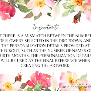 May include: White background with watercolor floral border in pink, yellow, and green. Text reads "Important!" followed by a message about personalization details. The shop name "emmaandthebean" is at the bottom.