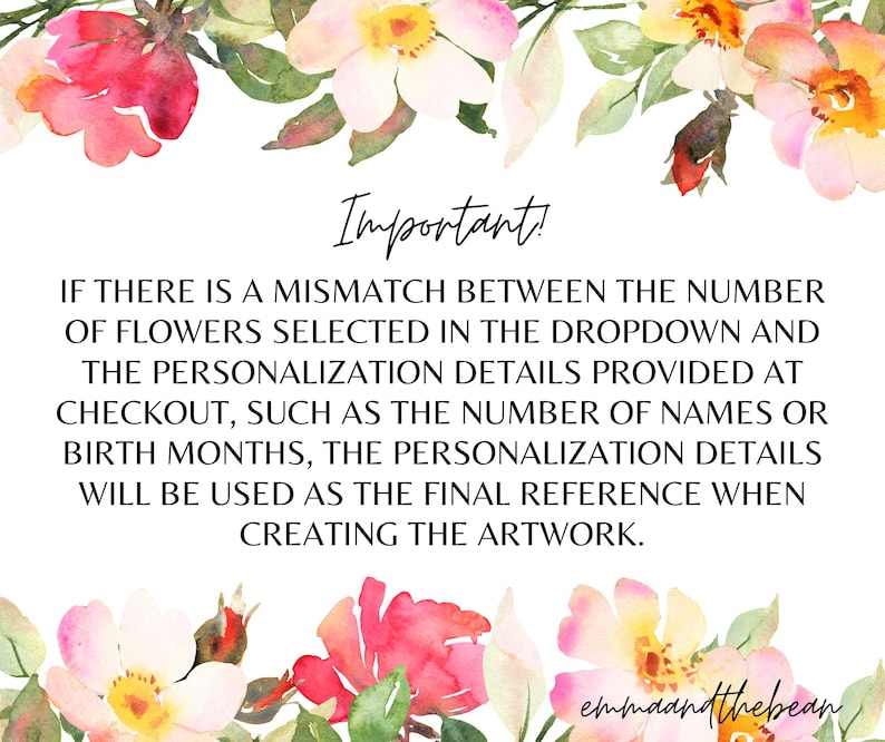 May include: White background with watercolor floral border in pink, yellow, and green. Text reads "Important!" followed by a message about personalization details. The shop name "emmaandthebean" is at the bottom.