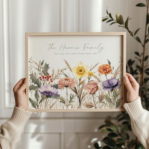 May include: A framed floral print featuring a watercolor illustration of various flowers in shades of purple, yellow, orange, and pink. The text "The Harris Family" is displayed above the flowers, with family names below. The frame is made of light-colored wood.