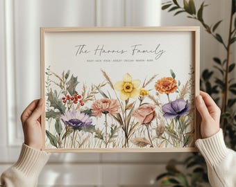Personalized Family Birth Flower Print | Custom Family Name Sign | Birth Month Flower Bouquet with Kids Names | Family Wall Art Gift