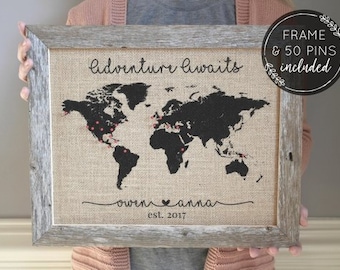 Romantic Gift for Him Wedding Shower Gift for Her Personalized Push Pin Travel Map on Burlap Travel Gifts 2 Year Anniversary Gift Map Art