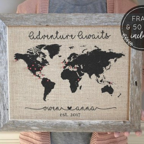 Romantic Gift for Him Wedding Shower Gift for Her Personalized Push Pin Travel Map on Burlap Travel Gifts 2 Year Anniversary Gift Map Art