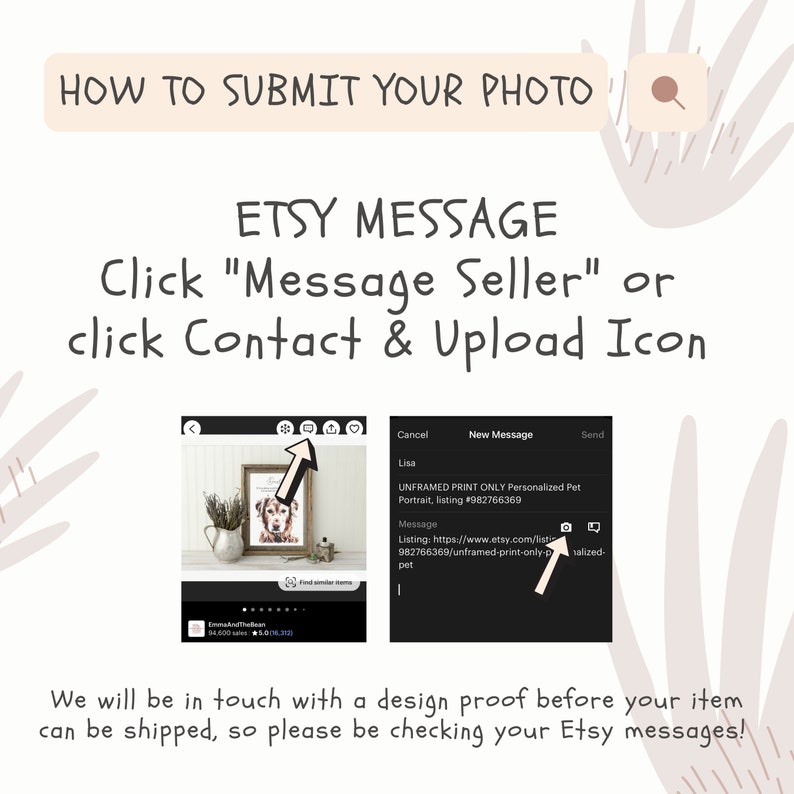 May include: A screenshot of a phone screen showing how to submit a photo for a custom pet portrait. The screen shows a message box with the text "New Message" and a camera icon. The text "Click "Message Seller" or click Contact & Upload Icon" is displayed above the phone screen.