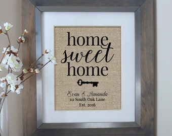 New Home Housewarming Gift Home Sweet Home Burlap Print Custom Address Sign New Homeowner Real Estate Closing Gifts Agent House Warming Gift