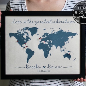 Cotton Push Pin World Map World Map Canvas Push Pin Map Travel Gifts Personalized Gift for Women 2 Year Anniversary Gift for Boyfriend
