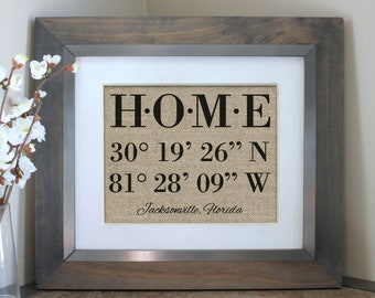 Latitude Longitude Home Sign, New Home Housewarming Gift | Personalized Closing Gift Housewarming Gift Home Decor Personalized Burlap Print