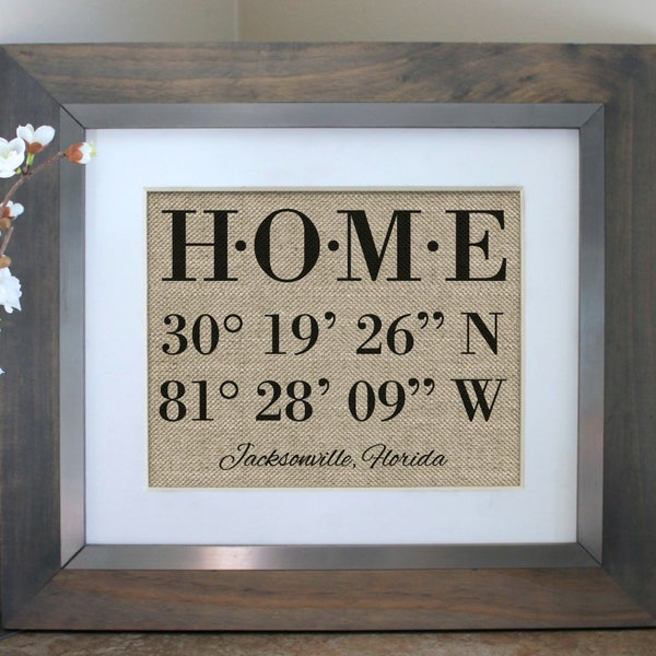 Latitude Longitude Home Sign, New Home Housewarming Gift | Personalized Closing Gift Housewarming Gift Home Decor Personalized Burlap Print