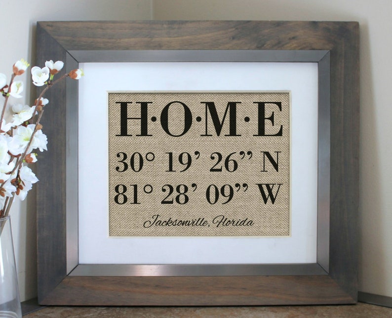 Housewarming Gift HOME Decor Personalized Burlap Print Latitude Longitude Home Sign New Home Housewarming Gift Personalized Closing Gift image 1