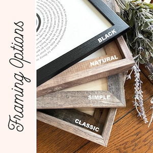 May include: Close-up of four framed art pieces with different frame styles: black, natural, simple, and classic. The frames are stacked, showcasing the variety of options available. The text "Framing Options" is on the left side.