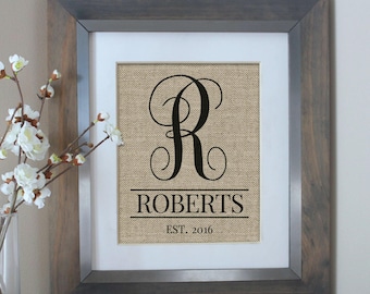 Burlap Monogram Wedding Gift Idea | Personalized Family Name Sign with Est Date | Perfect Engagement Gift or Christmas Gift for Wife!