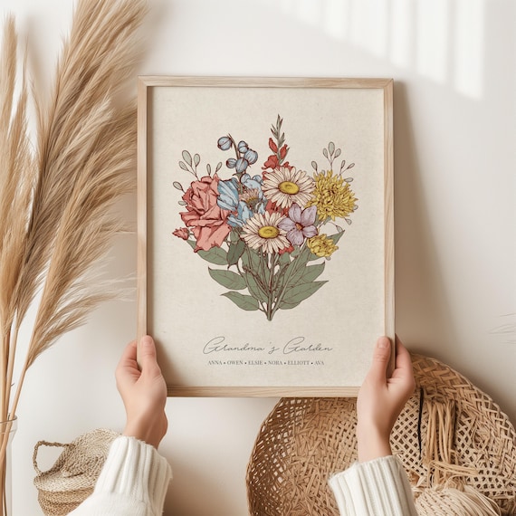 Christmas Gift for Mom Personalized Gift for Grandma Birth Flower Bouquet Mom Birthday Gift for Her Custom Gift for Mom Garden Print