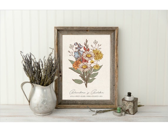 Mothers Day Gift for Grandma Birth Flower Bouquet Personalized Gift Custom Mother Day Gift Personalized Garden Print  Birth Month Flower Art