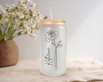 Birth Flower Glass Cup, Custom Name Glass Tumbler, Floral Iced Coffee Cup, Personalized Gifts for Bride, Bridesmaid Proposal, Birthday Gift