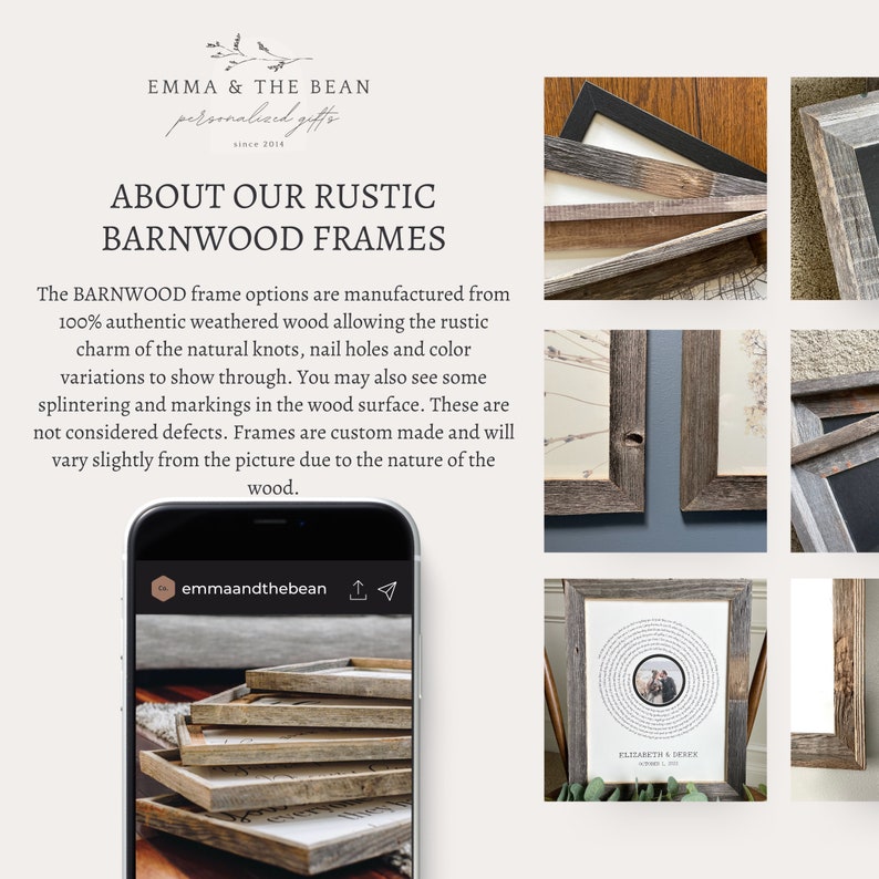 May include: Rustic barnwood picture frames with a natural wood finish. The frames are custom made and feature knots, nail holes, and color variations. The frames are shown with a wedding photo and a handwritten message.