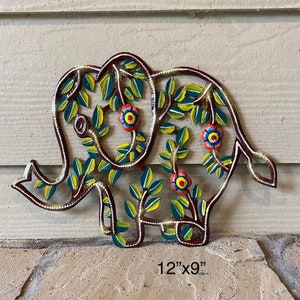 Metal Elephant Haitian Art Fair Trade Zoo Jungle Africa Wildlife Home Decor Kid Children Leaf Tree of Life indoor outdoor safari