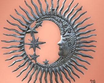 Metal Moon Sun Piece ALMOST 2 FEET Handmade in Haiti Fair Trade Sun Solstice Garden Home Decor Astrology Zodiac