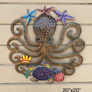 Metal Octopus, Turtle, Fish Ocean Sea Life Aquatic Beach HUGE Piece Almost 2' Haiti Metal Art, Metal Wall Art, Wall Hanging Decor