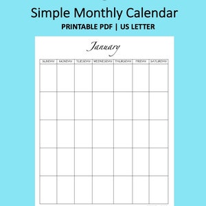 Simple Monthly Calendar, PDF, digital download, printable, 11 x 8.5 inches, portrait