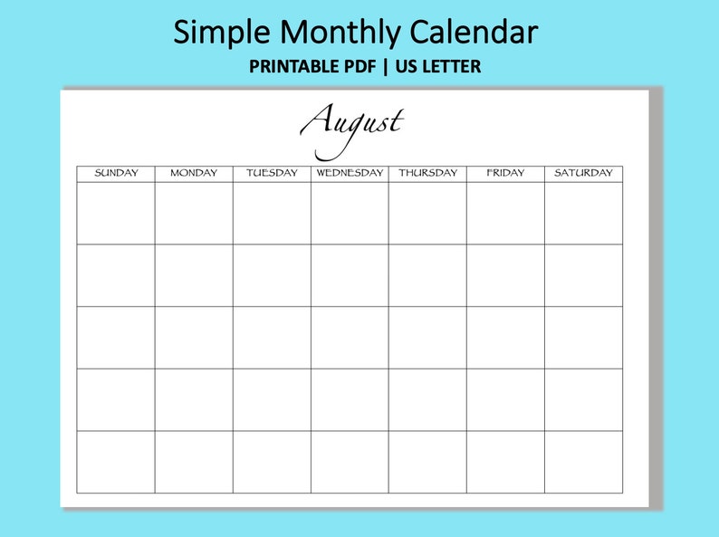 simple monthly calendar pdf digital download printable 11 etsy ireland
