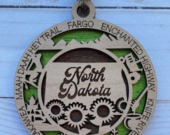North Dakota State Ornament; Wood; Laser Cut; Layered; Green; Brown