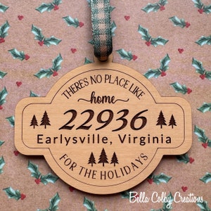 Zip Code Ornament; City, State; Laser Cut EchoBirch; Plaid Ribbon; Holiday Ornament; Christmas Ornament; Housewarming Gift; Hostess Gift