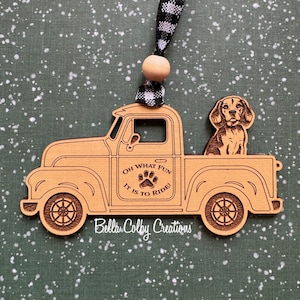 Beagle Classic Truck Ornament; Oh What Fun it is to Ride; Laser Cut EchoBirch Wood; Plaid Ribbon; Holiday; Christmas