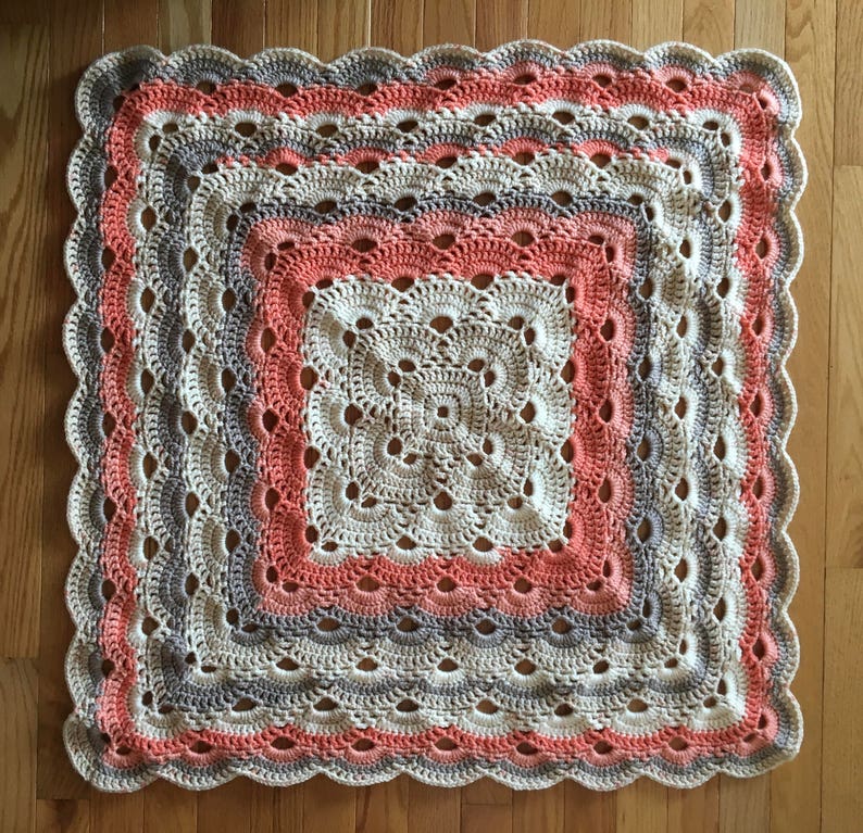 Crochet Virus Baby Blanket Strawberry Trifle salmon/gray/ivory Ready to