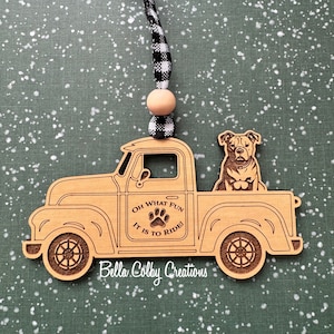 Pit Bull Classic Truck Ornament; Oh What Fun it is to Ride; Laser Cut EchoBirch Wood; Plaid Ribbon; Holiday; Christmas
