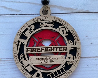 Personalized Firefighter Ornament; Round; Wood; Christmas Ornament; First Responder Ornament