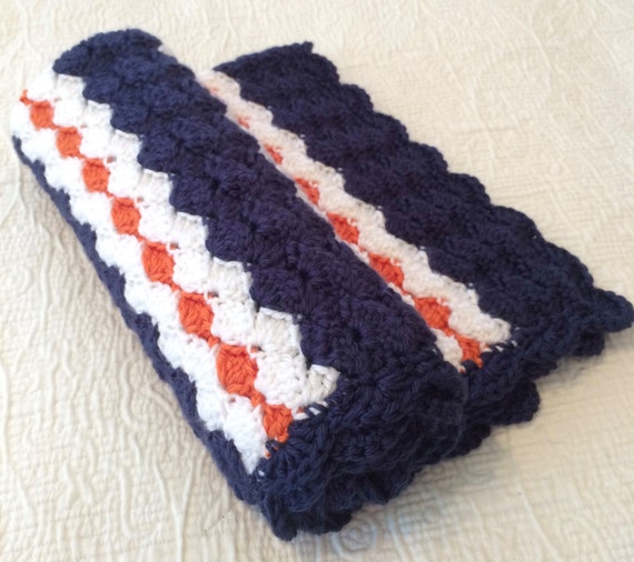 Crochet Baby Blanket White Orange and Blue