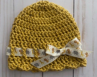 Infant Beanie with Ribbon/Bow Accent; Infant 0-3 Months; Golden Tweed; Zoo Animals  - Ready to Ship