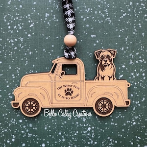 Boxer Classic Truck Ornament; Oh What Fun it is to Ride; Laser Cut EchoBirch Wood; Plaid Ribbon; Holiday; Christmas