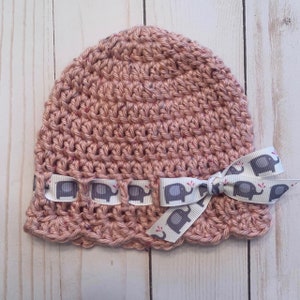 Infant Beanie with Ribbon/Bow Accent; Blush Tweed; Elephant Ribbon  - Ready to Ship