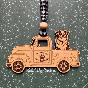 Australian Shepherd Classic Truck Ornament; Oh What Fun it is to Ride; Laser Cut EchoBirch Wood; Plaid Ribbon; Holiday; Christmas