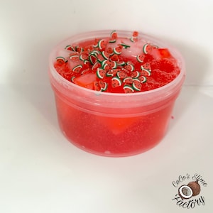 May include: A clear plastic container filled with red slime topped with watermelon-shaped sprinkles. The container has a white lid and the text "Coco's Slime Factory" is printed on the bottom of the image.