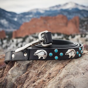 Black Leather & Turquoise Dog Leash - Black Leather Dog Leashes - Western Dog Leashes - Turquoise Dog Leashes - Custom Leather Dog Leashes