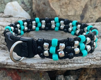 Turquoise Dog Collars - Beaded Dog Collars - Native American Dog Collars - Black and Silver Dog Collar - Large Dog Collar - Fancy Dog Collar