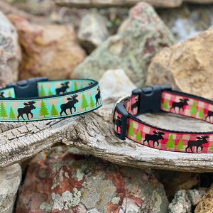 Moose Dog Collar - Plaid Moose Dog Collar - Christmas Dog Collar - Pine Tree Moose Dog Collar - New Puppy Gift - Checkered Collar