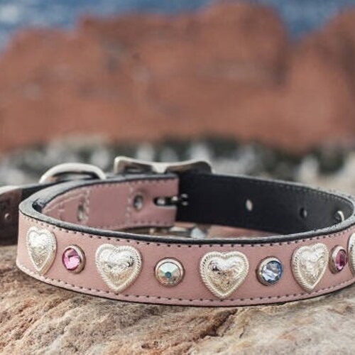 Pink Leather Dog Collar Personalized Dog Collar Crystal Etsy