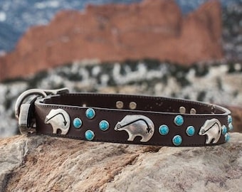 Brown Bear Dog Collar -  Turquoise Like Dog Collar - Brown Leather Dog Collar - Durable Dog Collar - Luxury Dog Collar - Santa Fe Dog Collar