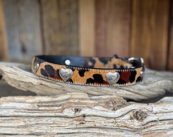 Cheetah Print Leather Dog Collar - Silver Hearts, Handmade - Leopard Style Collar
